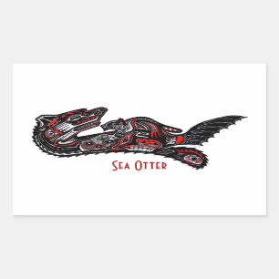 SEA OTTER & BABY (Haida Styled Art Gift Sticker) Rektangulärt Klistermärke