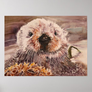 Sea Otter in Kelp Watercolor Artwork Kanvastryck Poster