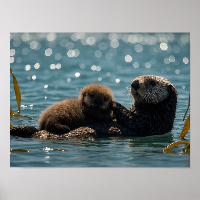 Sea Otter Mom & Pup Floating in Sparkling Ocean  Poster (Framsidan)