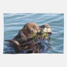 Sea Otter mor och valp med kelp Kökshandduk