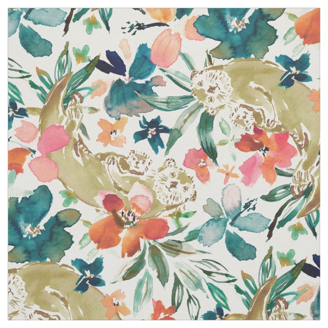 SEA OTTER PARADISE Cute Blommigt Watercolor Tyg (Provkarta)