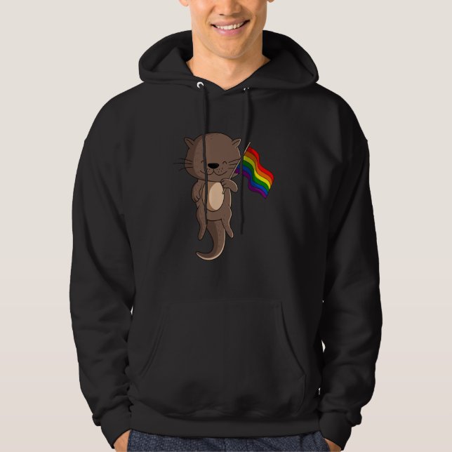 Sea Otter Rainbow Flagga Animal Lover Hoodie (Framsida)