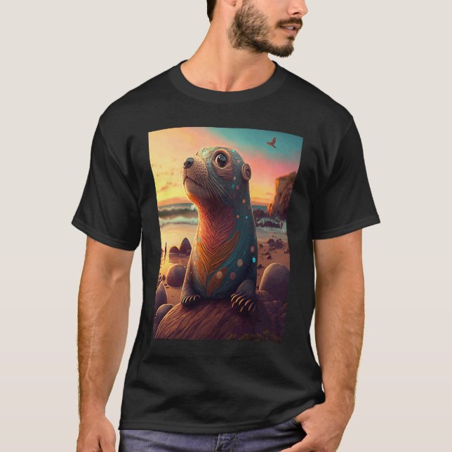 Sea Otter Retro Sunset Cute Otter T Shirt (Framsida)