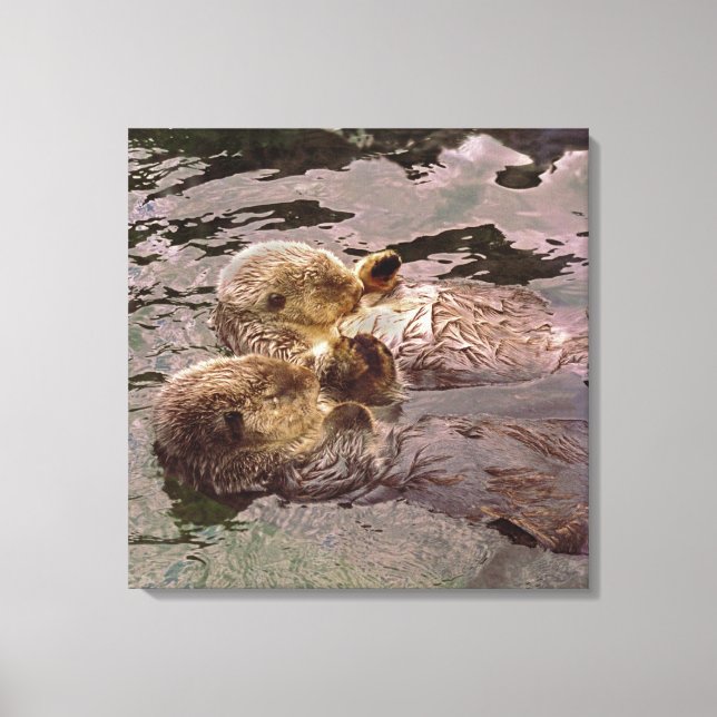 Sea Otters Holding Händer Canvastryck (Framsida)