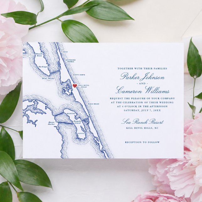 Sea Ranch Resort Bröllop Outer Banks Karta Navyblå Inbjudningar (Sea Ranch Resort Wedding invitation with Devil Hills NC Outer Banks Map navy blue Coastal Map Design)