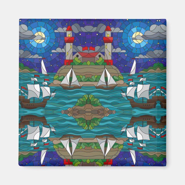 Sea Red Lighthouse Sailing Fraktass Shore Starry H Magnet (Framsidan)
