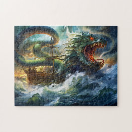 Sea Serpent Attacking Ship in Storm Fantasy Painti Pussel