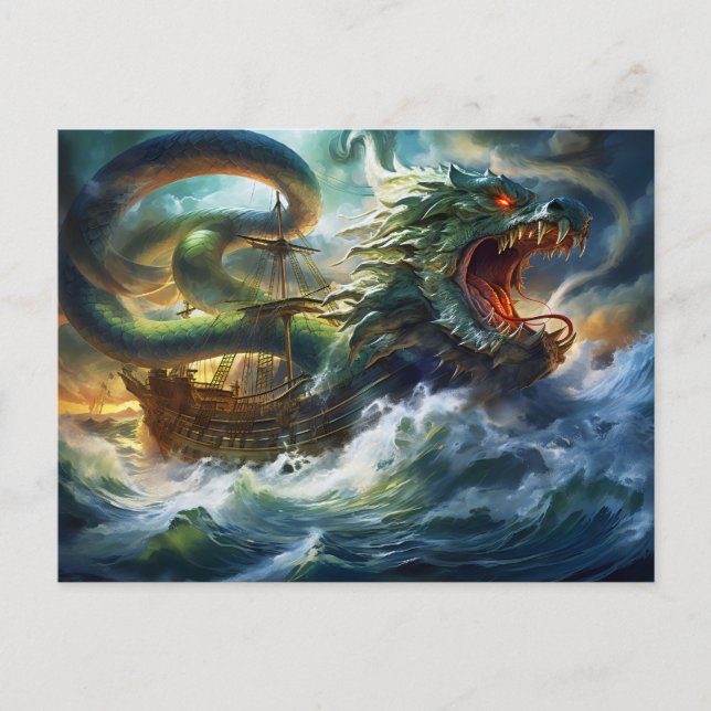 Sea Serpent Attacking Ship in Storm Fantasy Painti Vykort (Framsida)