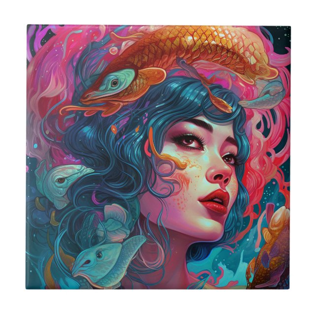 Sea Serpent Hair Dam Fantasy Art Kakelplatta (Framsidan)