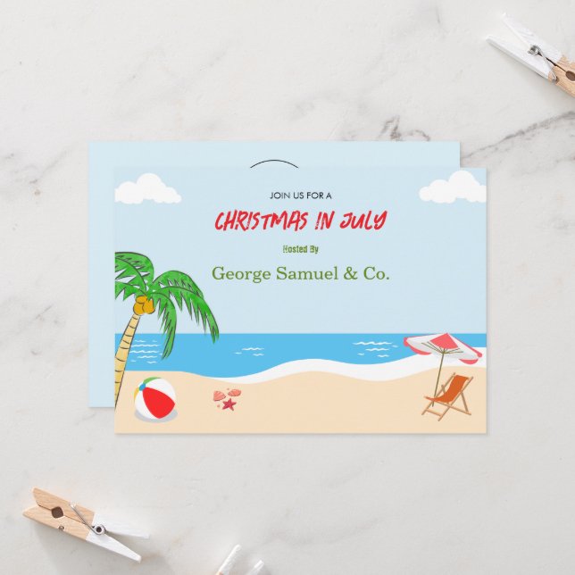 Sea Side Christmas in July Custom Name Log & Text Inbjudningar (Fram/Back In Situ)