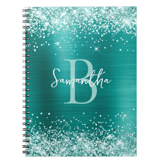 Sea Skam Grönt Glitter Aqua Teal Foil Monogram Anteckningsbok (Framsidan)