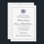 Sea Snäcka Beach Wedding | Traditionell inbjudan<br><div class="desc">Klassisk marin och vit bröllopsinbjudan med en antika havsliknande illustration av snäckan. Gräns är frivilligt. (Se till att förhandsvisa beskurna mönster för att se hur gräns kommer att se ut när beskärningen sker.) Finns även på fler färg. http://www.zazzle.com/beckynimoy* com</div>