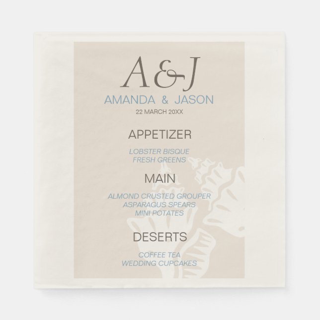 Sea Snäcka Menu Beach Wedding Papper Napkins Pappersservett (Framsidan)
