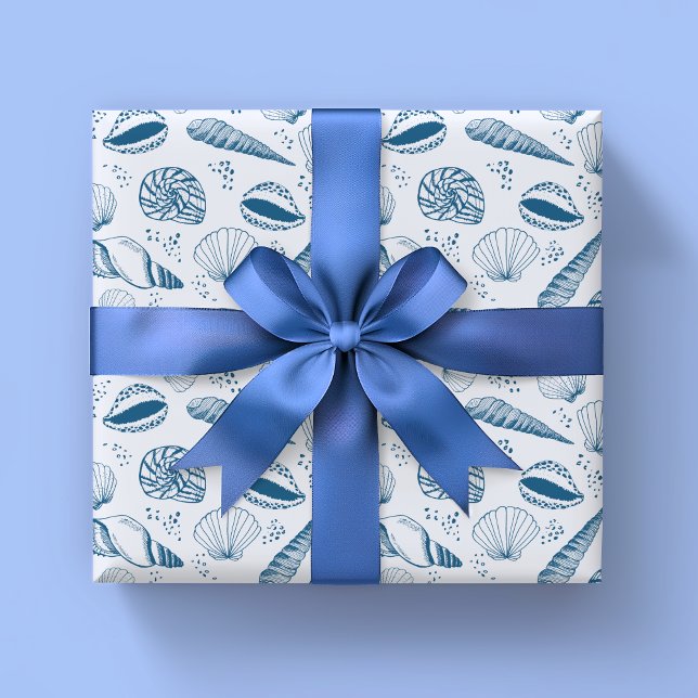 Sea snäcka mönster presentpapper (Blue seashell nautical beach theme wrapping paper rolls.)