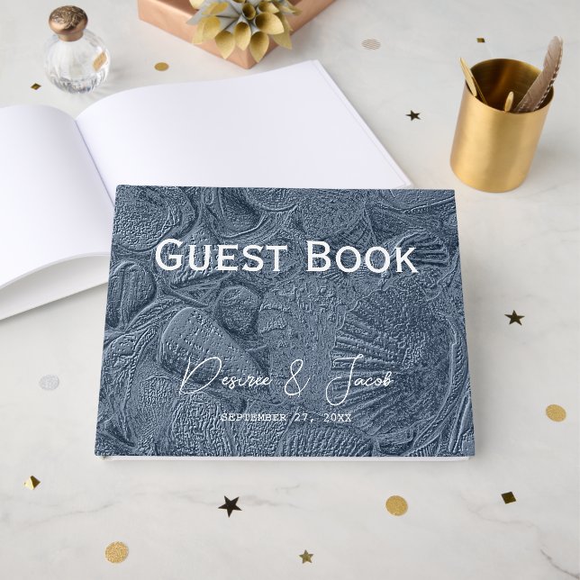 Sea Snäcka Mörk Dusty Blue Modern Coastal Beach Gästböcker (Framsida Öppen)