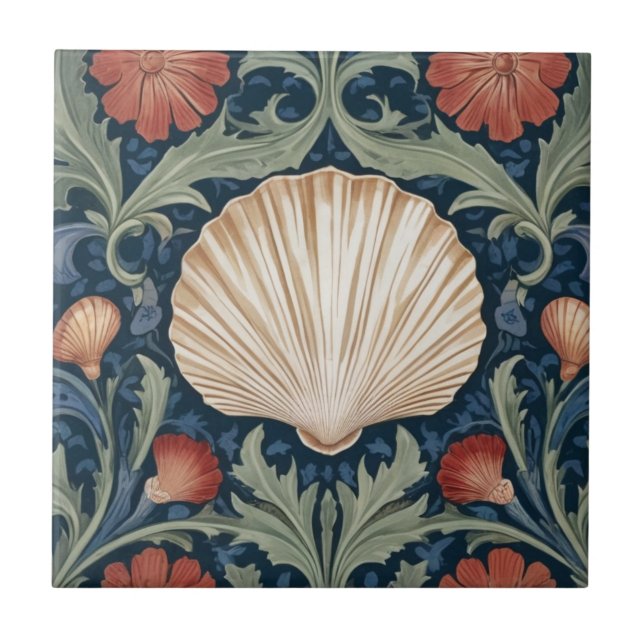 Sea snäcka William Morris stil Nautical botanical Kakelplatta (Framsidan)