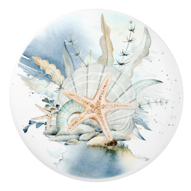 Sea Star och Snäcka Watercolor Coastal Knopp (Framsidan)