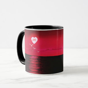 Sea Sunset Heart Sol Kärlek Text Black Red Mugg Gi