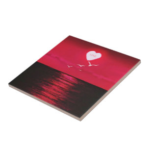 Sea Sunset Kärlek Heart Ceramic Tile - Black Red Kakelplatta