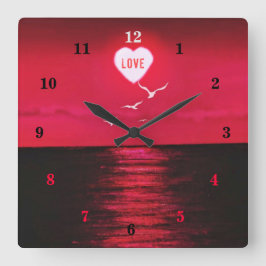 Sea Sunset Kärlek Romantic Wall Clock - Black Red Fyrkantig Klocka