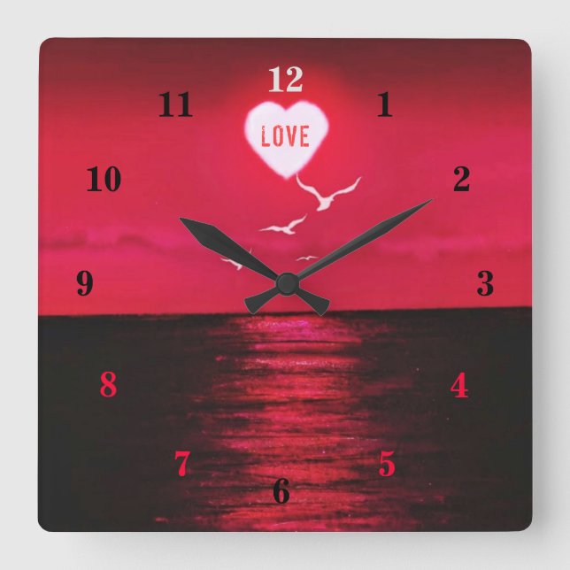Sea Sunset Kärlek Romantic Wall Clock - Black Red Fyrkantig Klocka (Framsida)