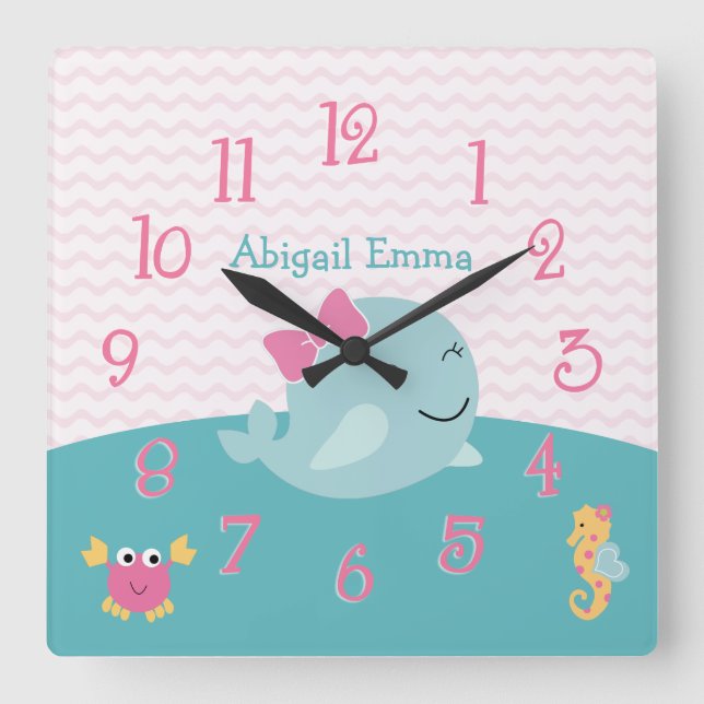 Sea Sweeties Whale Baby Nursery Clock Fyrkantig Klocka (Framsida)