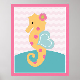 Sea Sweets Girl Sjöliv Rosa Seahorse Art Poster