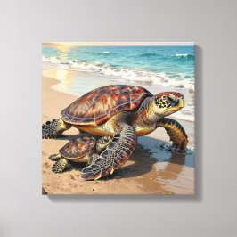 Sea Turtle and Baby on Beach Illustration Canvastryck