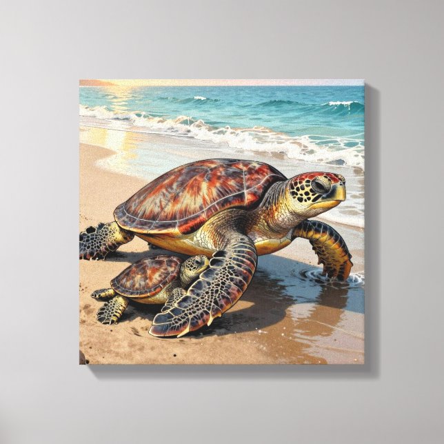 Sea Turtle and Baby on Beach Illustration Canvastryck (Framsida)