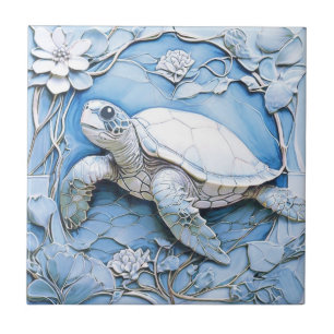 Sea Turtle Art nouveau Faux Relief Blue Ocean Life Kakelplatta