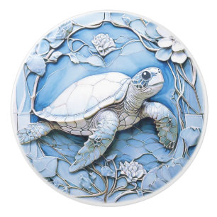 Sea Turtle Art nouveau Faux Relief Blue Ocean Life Knopp