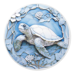 Sea Turtle Art nouveau Faux Relief Blue Ocean Life Knopp