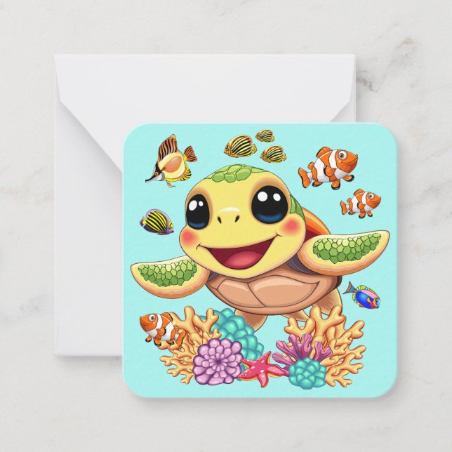 Sea Turtle Baby Lycklig och Cute Character Anteckningskort (Framsida)