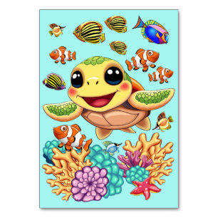 Sea Turtle Baby Lycklig och Cute Character Bordsnummer