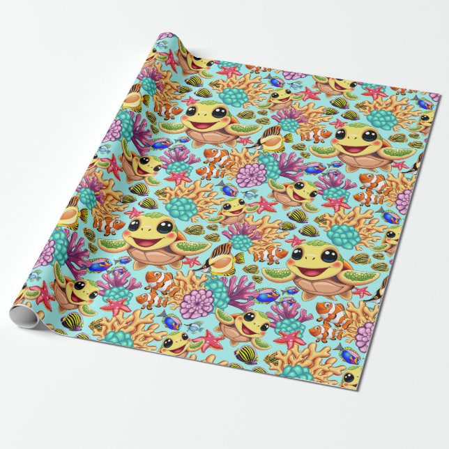 Sea Turtle Baby Lycklig och Cute Character Bumper  Presentpapper (Utrullad)