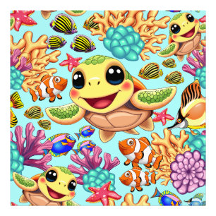 Sea Turtle Baby Lycklig och Cute Character Fototryck