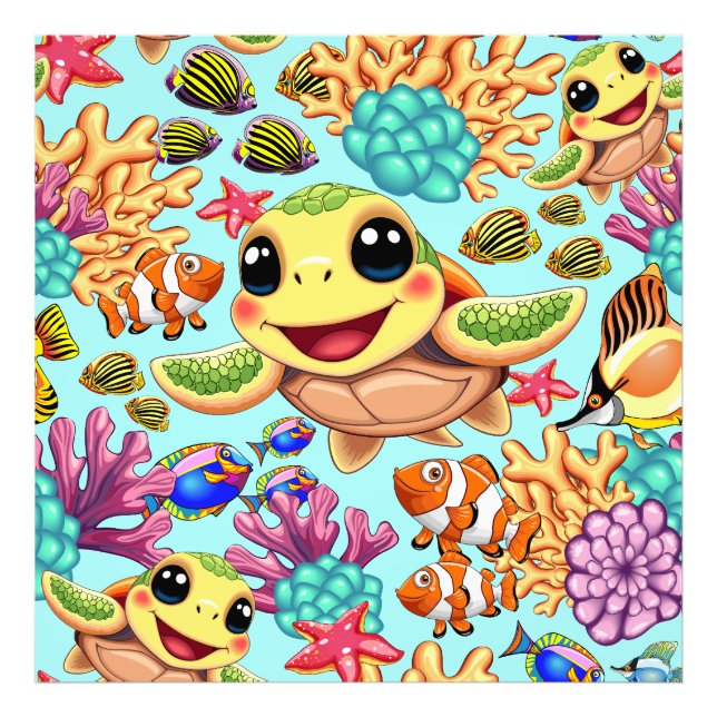 Sea Turtle Baby Lycklig och Cute Character Fototryck (Framsidan)