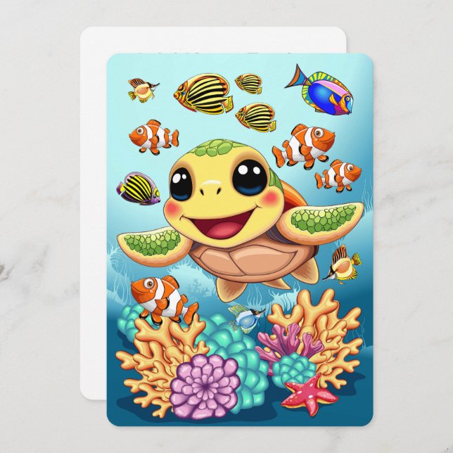 Sea Turtle Baby Lycklig och Cute Character Inbjudningar (Fram/baksida)