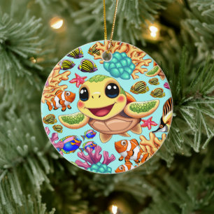 Sea Turtle Baby Lycklig och Cute Character Julgransprydnad Keramik
