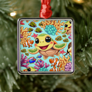 Sea Turtle Baby Lycklig och Cute Character Julgransprydnad Metall