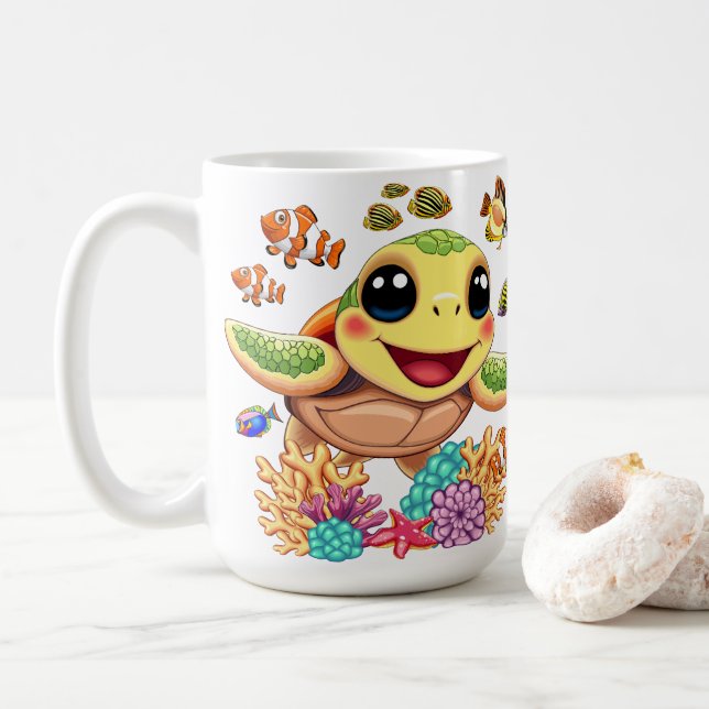 Sea Turtle Baby Lycklig och Cute Character Kaffemugg (Med munk)