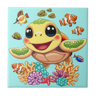Sea Turtle Baby Lycklig och Cute Character Kakelplatta