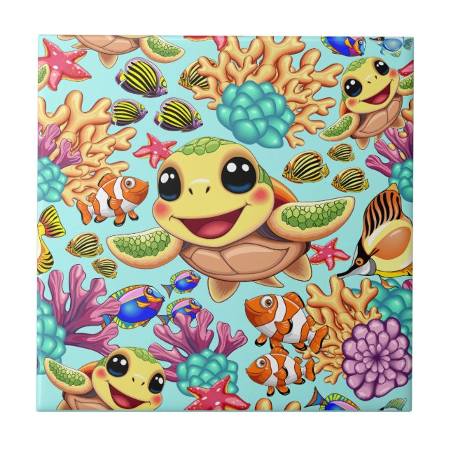 Sea Turtle Baby Lycklig och Cute Character Kakelplatta (Framsidan)