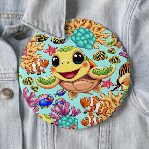 Sea Turtle Baby Lycklig och Cute Character Knapp