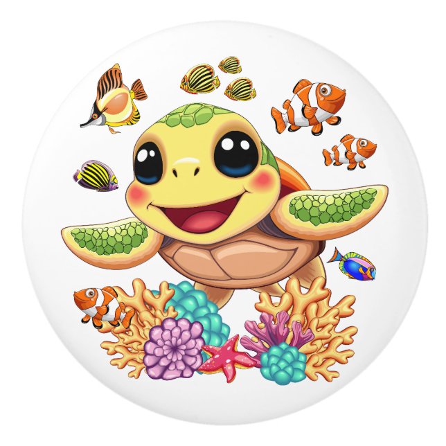 Sea Turtle Baby Lycklig och Cute Character Knopp (Framsidan)