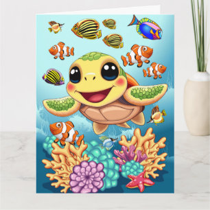 Sea Turtle Baby Lycklig och Cute Character Kort
