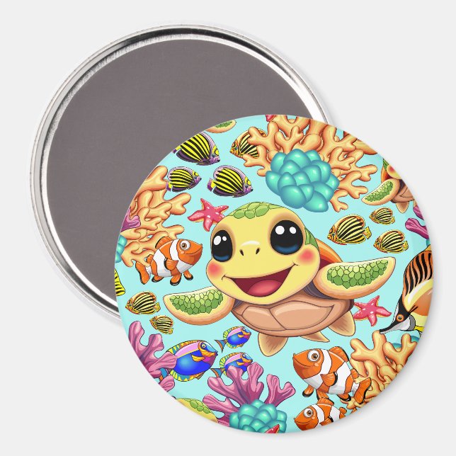 Sea Turtle Baby Lycklig och Cute Character Magnet (Front/Back)