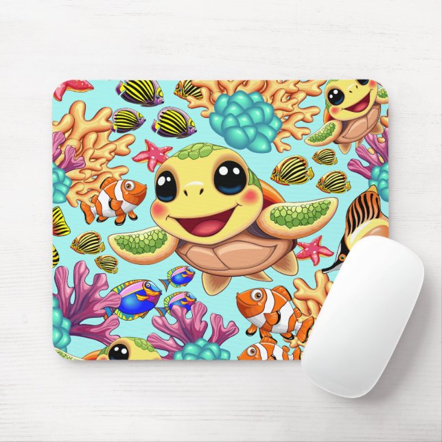 Sea Turtle Baby Lycklig och Cute Character Musmatta (Med mus)