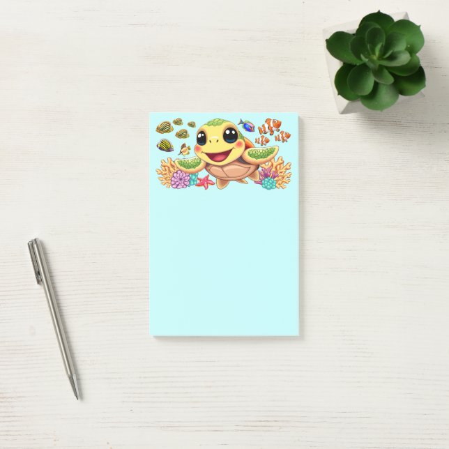 Sea Turtle Baby Lycklig och Cute Character Post-it Block (Kontor)