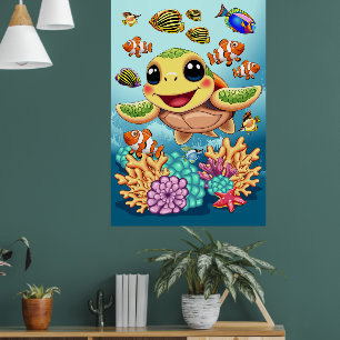 Sea Turtle Baby Lycklig och Cute Character Poster